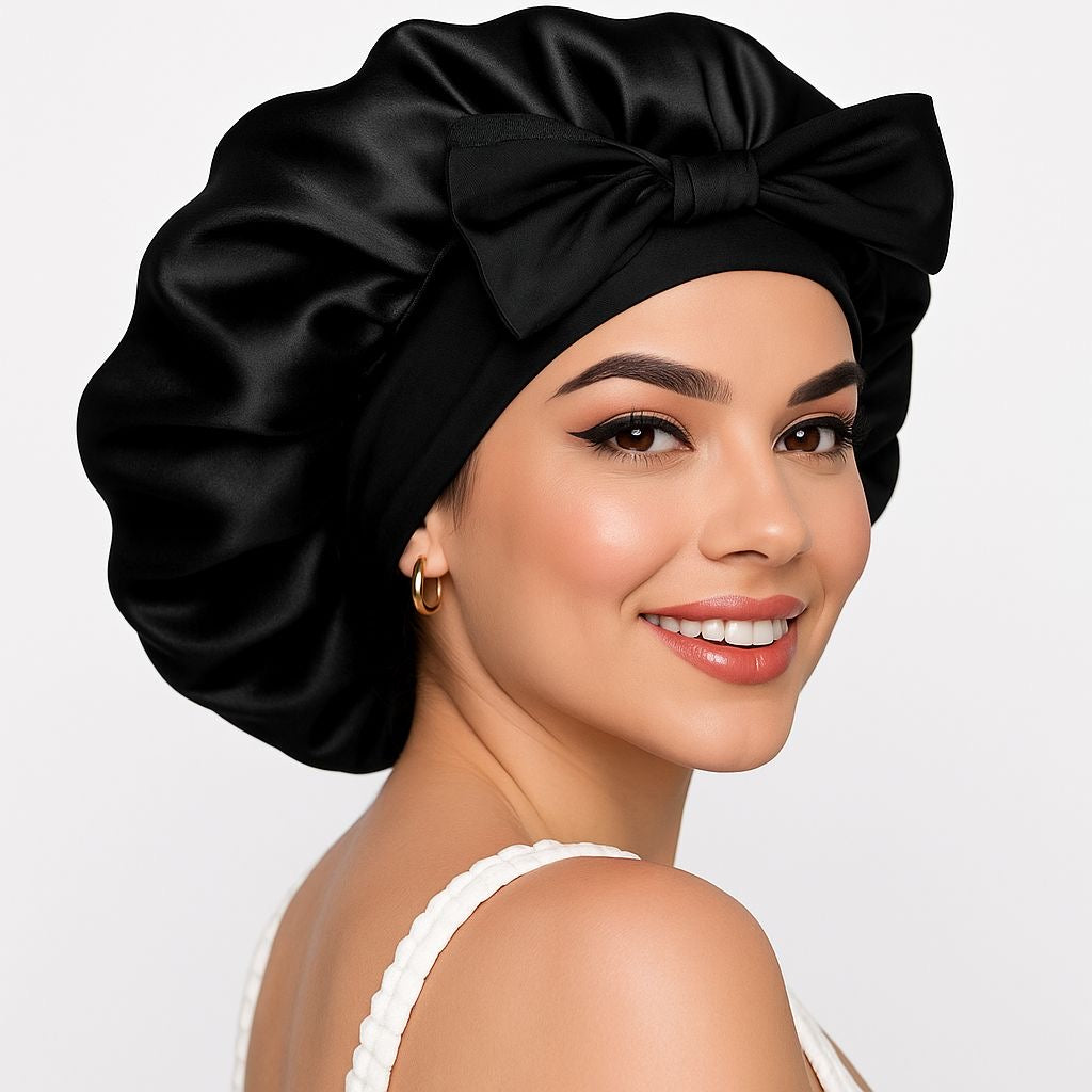 Black Double Layer Satin Bonnet