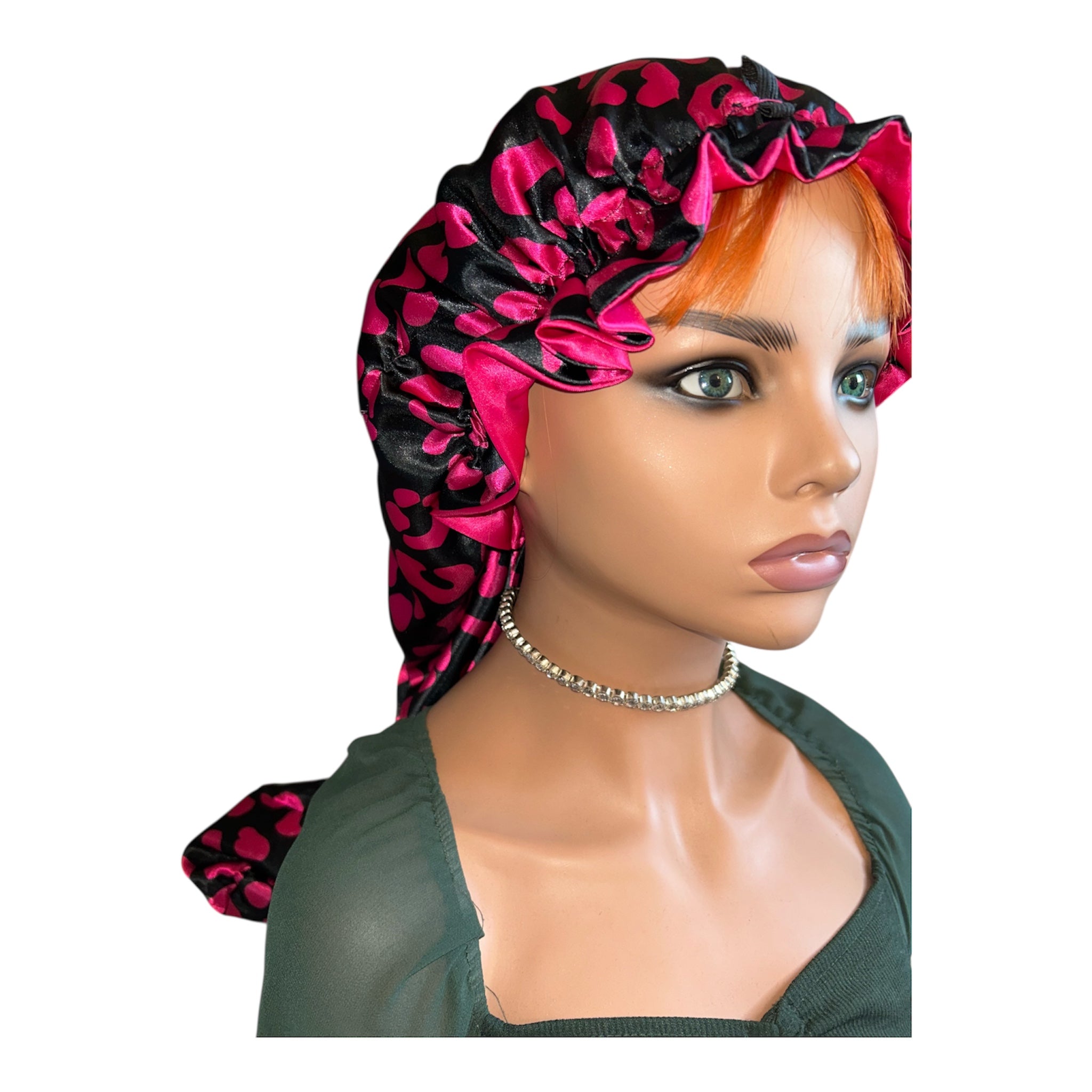 HOT PINK LEOPARD LONG BRAID SATIN BONNET DOUBLE LAYER