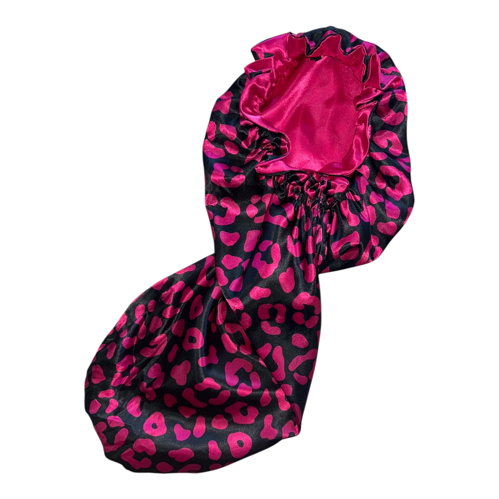 HOT PINK LEOPARD LONG BRAID SATIN BONNET DOUBLE LAYER