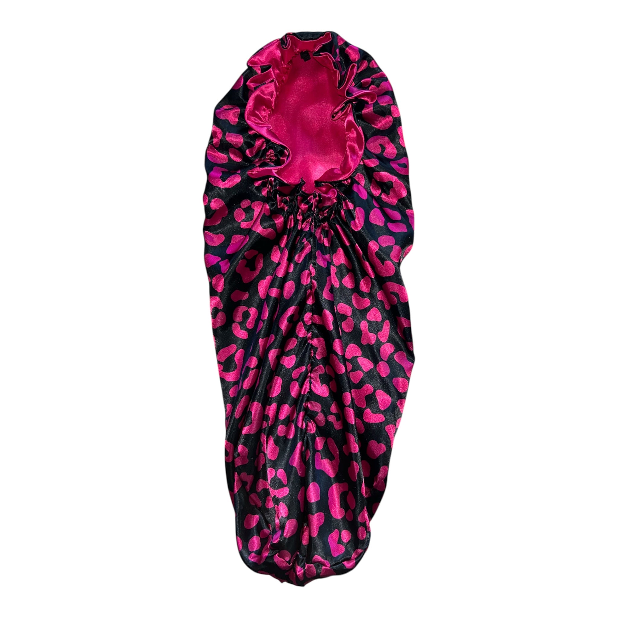 HOT PINK LEOPARD LONG BRAID SATIN BONNET DOUBLE LAYER